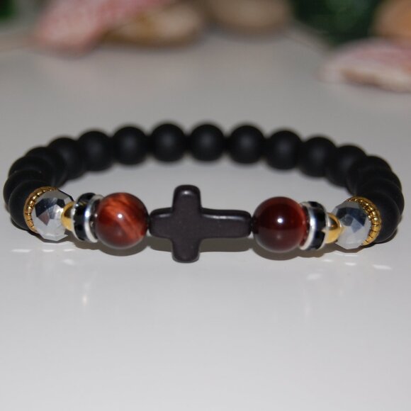 Cross Bracelet,Onyx Bracelet,Cross Onyx Stone Beads Bracelet,Onyx & Colorful Bea - Picture 1 of 3